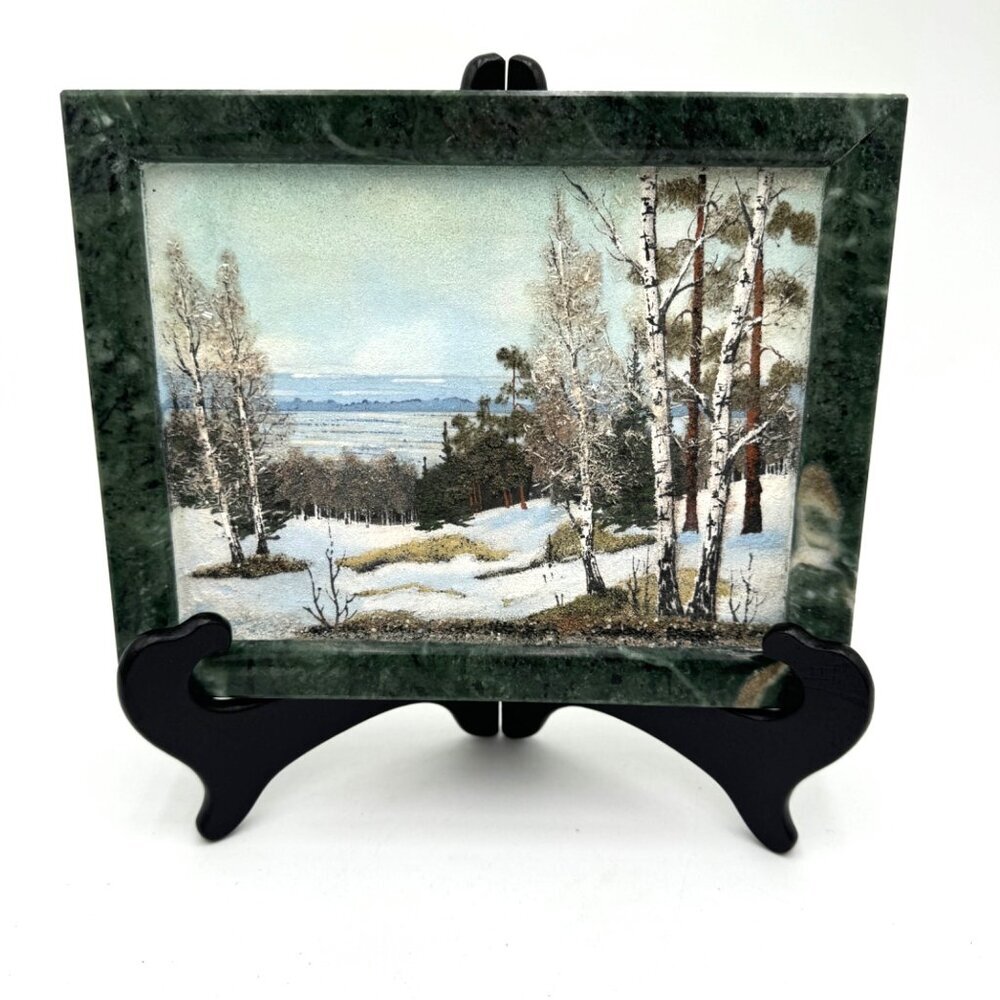 Landscape Crushed Gemstone Painting on Marble bevel edge tree winter landscape o
